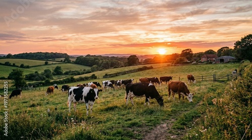 Golden Hour Grazing: A picturesque scene of cows peacefully grazing in a lush pasture under a vibrant sunset sky, embodying the serenity of rural life.