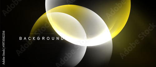 Abstract design features overlapping circles, yellow, white hues. Dark background creates contrast, modern aesthetic. Simple text label present.