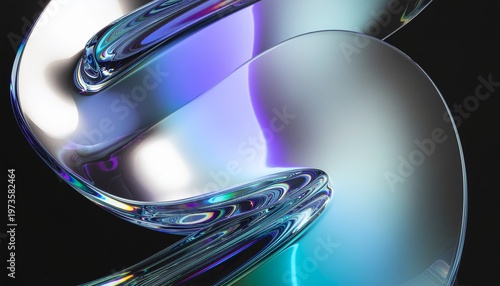 Glowing neon blue reflective liquid metal surface with curved light streaks