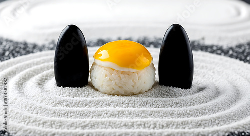 Japanese rock garden philosophy. an egg nigiri as the sun placed between two vertical black stones representing islands, on a bed of finely groomed white gravel 