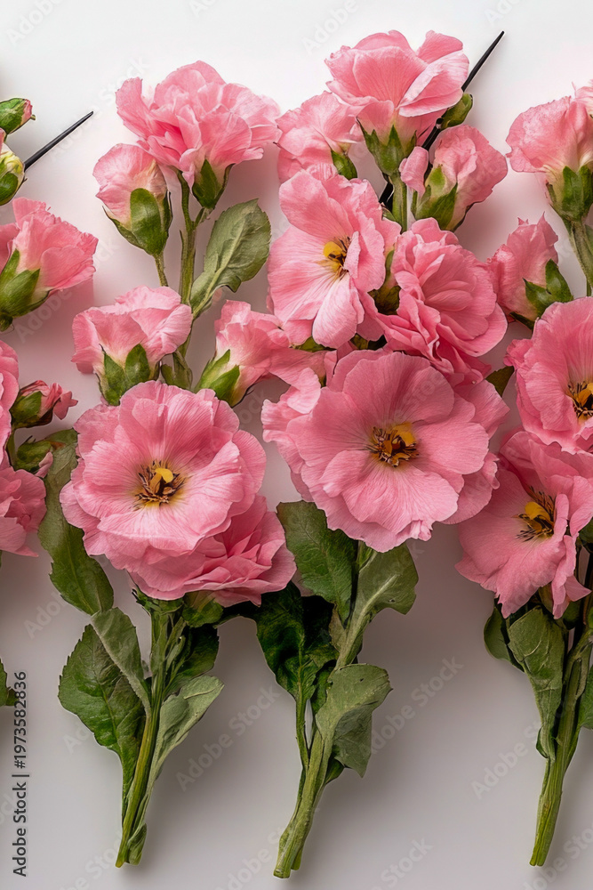 Obraz premium A bouquet of pink flowers sitting on a clean white table, perfect for a still life photo or a minimalist decor. vertical frame