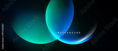 Abstract design features vibrant blue, turquoise gradients. Overlapping shapes create dynamic visual effect on black backdrop. Minimalist style.