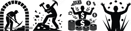 Mining labor silhouette illustration, pickaxe worker art, financial success concept, wealth prosperity design, hard work reward progression
