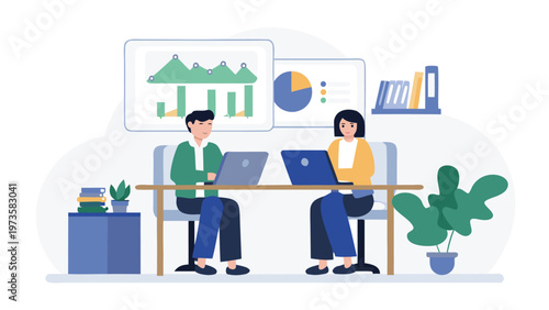 Business people working on laptops, office workspace, coworking, teamwork, flat design