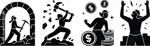 Mining silhouettes, pickaxe labor, tunnel work, rock breaking, resource extraction, coin pile, wealth reward, currency symbols, monochrome illustration, prosperity concept
