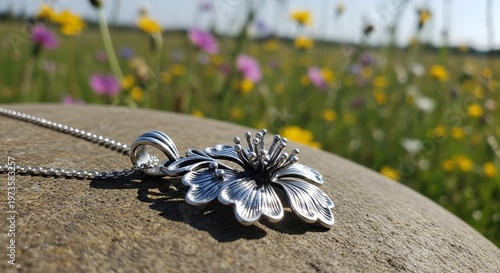 Silver Flower Pendant on Stone with Meadow Background, Jewelry Close-Up