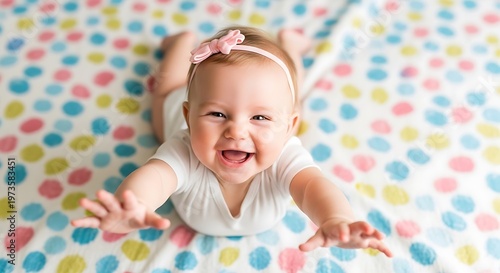 Happy baby on colorful polka dots.