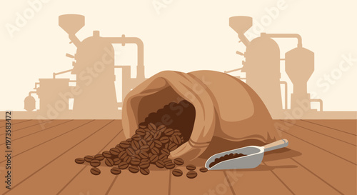 Coffee Beans Spill from Sack at Roastery with Industrial Roasters in Background