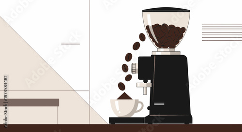 Coffee Grinder Machine Grinding Beans into Cup, Fresh Morning Coffee Preparation