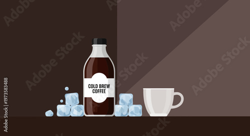 Cold Brew Coffee Bottle and Ice Cubes with Coffee Cup on Dark Background