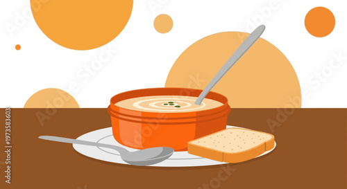 Cozy Bowl of Creamy Soup with Bread and Spoon on Plate, Warm Comfort Food