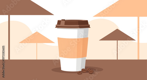 Cozy Coffee Break: Disposable Cup with Coffee Beans on Cafe Terrace Background