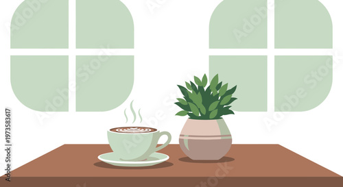 Cozy Coffee Break: Steaming Cup of Coffee and Potted Plant by the Window