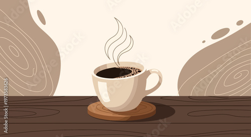 Cozy Coffee Break: Steaming Cup of Coffee on Wooden Table, Warm Tones, Abstract Background