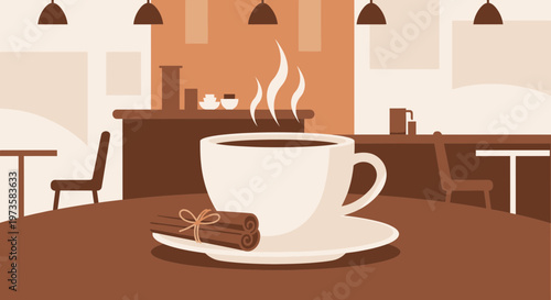 Cozy Coffee Break: Steaming Cup of Coffee with Cinnamon Stick on Table in Cafe