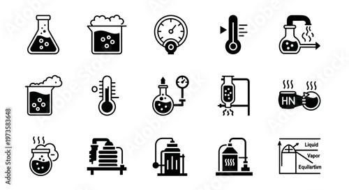 Science, laboratory, chemistry icons set, 15 black line style symbols, lab equipment, scientific research, medical vector graphics