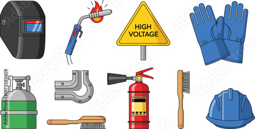 Welding Helmet, High Voltage Warning, Fire Extinguisher, Safety Gloves, Brush, Hard Hat, Gas Cylinder, Pipe, and Tools Collection for Workplace Safety and Industrial Work