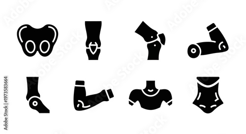 Prosthetic limb icons, artificial limb symbols, amputee vector graphics, black and white illustrations