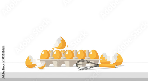Cracked Eggs in Carton with Whisk, Breakfast Preparation, Food Ingredients