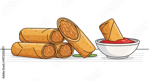 Crispy Egg Rolls Dipped in Red Sauce, Appetizer Food Illustration