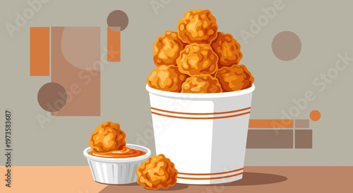 Crispy Fried Chicken Bites Stacked in Bucket with Dipping Sauce