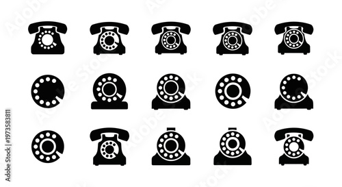 Vintage Telephone Icons, Retro Rotary Phone Symbols, Black and White Vector Graphics, 13pcs