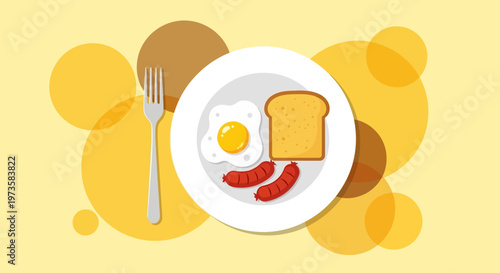 Delicious Breakfast Plate: Fried Egg, Sausages, and Toast with Yellow Circles Background