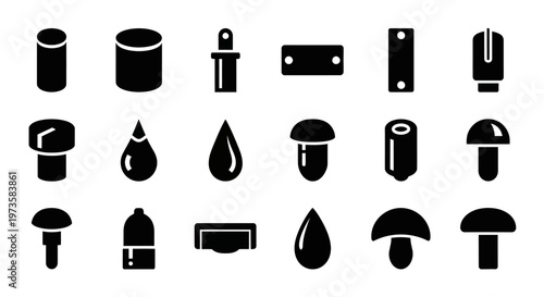 Black silhouette icons set, 20 industrial tools and equipment symbols, solid shapes, vector graphics, industrial, tool, equipment, silhouette
