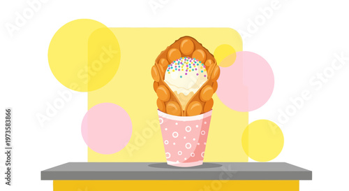 Delicious Bubble Waffle Ice Cream Cone with Sprinkles in a Pink Cup