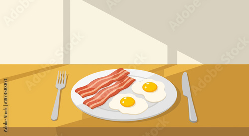 Delicious breakfast with fried eggs and crispy bacon on a plate with cutlery