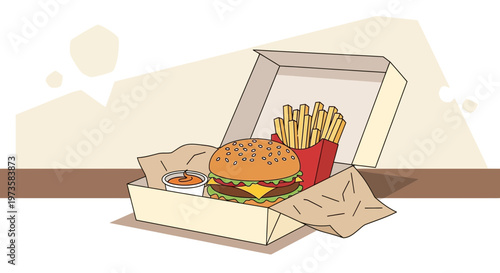 Delicious Burger and Fries in Takeout Box with Dipping Sauce - Fast Food Meal