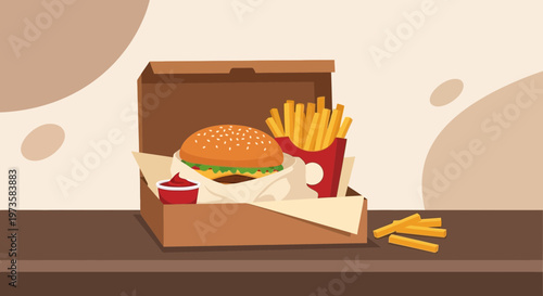 Delicious Burger and Fries in a Takeaway Box, Fast Food Meal