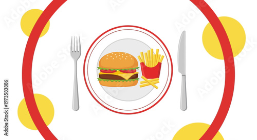 Delicious Burger and Fries Meal on Plate with Fork and Knife, Fast Food Concept