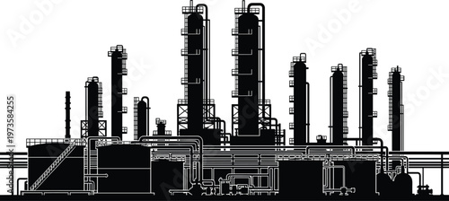 Industrial refinery plant silhouette vector illustration with pipelines towers petrochemical factory infrastructure energy production engineering complex isolated background detailed modern