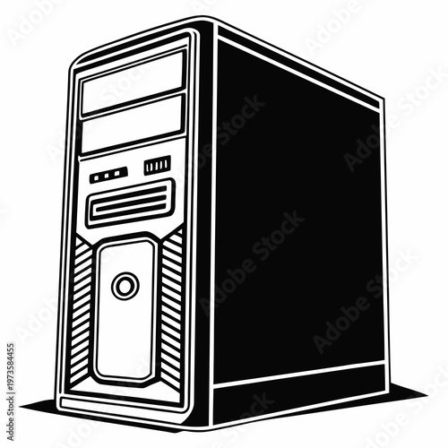 Computer tower, desktop PC, vector illustration, black and white, line art, computer hardware