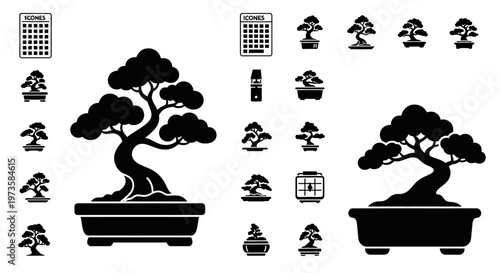Bonsai tree icons, black silhouette set, 25 tree symbols, gardening tools, plant graphics