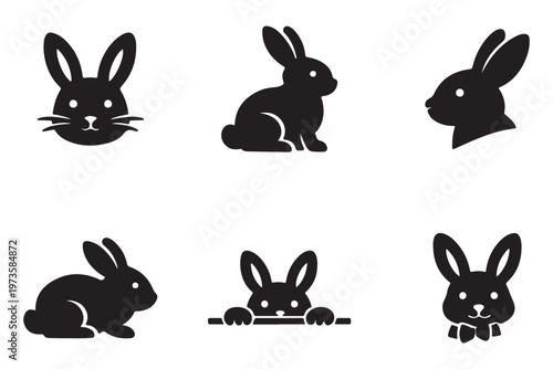 Art & Illustration Rabbit silhouettes, animal poses, bunny icons, wildlife vector illustration, nature concept, leaping rabbits, crouching design, sitting stance, black artwork, zoology