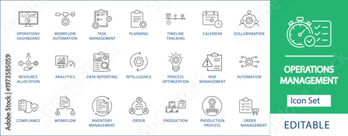 Operations and Workflow Icon Set Professional Business Management, Automation, Task Planning, Analytics, Process Optimization, Inventory, Production, Compliance, and Risk Management Line Icons.