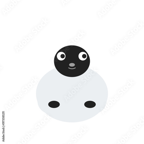 A cute illustration of a smiling cartoon character with a black head and white body