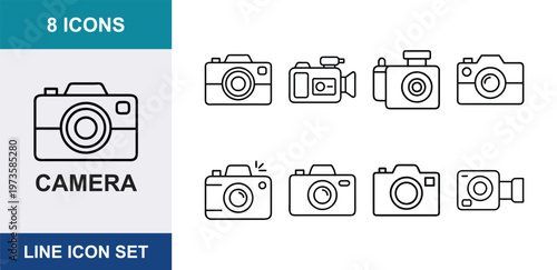 Minimalist camera line icon set, 8 photography icons for digital imaging, professional DSLR and video camera vector symbols for web design