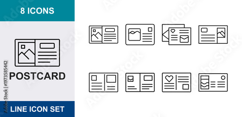 Minimalist postcard line icon set, 8 icons of mail and travel correspondence, thin stroke greeting card vector symbols for web and print design