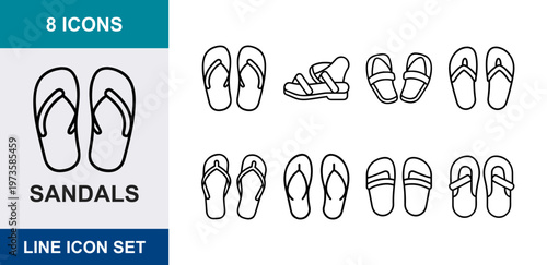 Minimalist sandals line icon set, 8 summer footwear vector elements, flip flops and beach shoes collection, thin stroke outline icons for travel