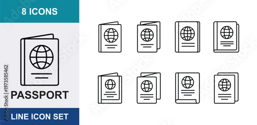 Passport line icon set, 8 icons of international travel documents, thin outline globe passport symbols for tourism and immigration