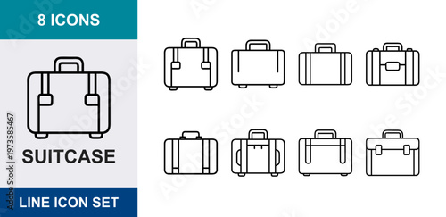 Suitcase line icon set, 8 travel luggage vector elements, minimalist business briefcase collection, outline vacation baggage symbols for web design