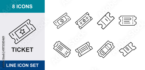 Minimalist ticket line icon set, 8 icons collection of cinema and event admission stubs, black outline movie ticket vector graphics for web design