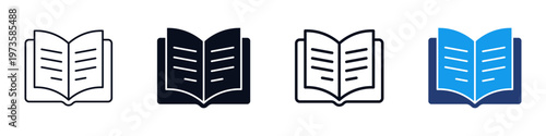 Open book icon set representing reading, education, knowledge, and library services for academic and business use. line and filled vector icons