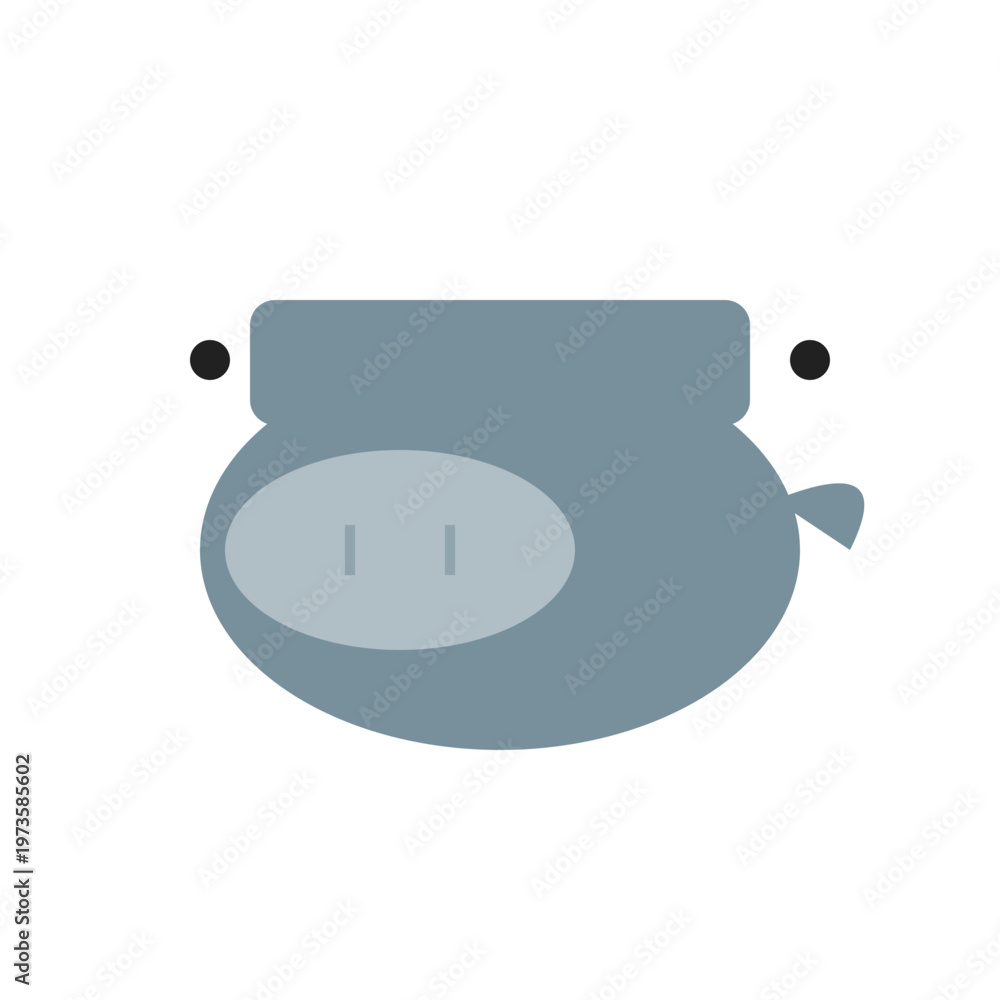 Fototapeta premium A simple illustration of a gray pig's face with black eyes and a curly tail.