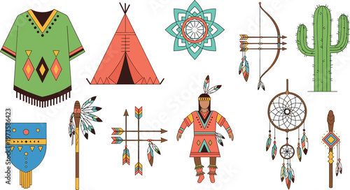 Collection of Native American Tribal Elements Including Teepee Dreamcatcher Bow Arrow Cactus Clothing and Traditional Accessories for Cultural Design