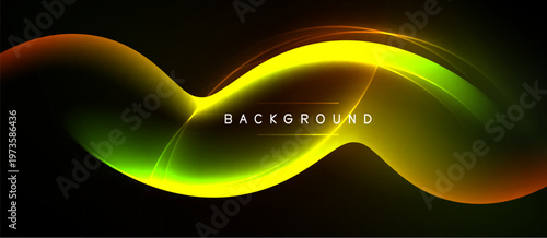 Bright neon waves flow across black space. Vivid colors blend, creating dynamic visual effect. Modern design element.