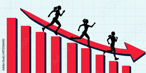 Running People on Declining Chart, Business Crisis and Downward Trend Concept. Silhouettes of running people on a declining bar chart with red downward arrow. Concept of business crisis.
